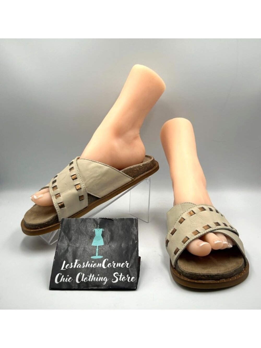 Musse & Cloud Women's Beige Leather Colen Cross-Strap Slide Sandals Sz 8 3328